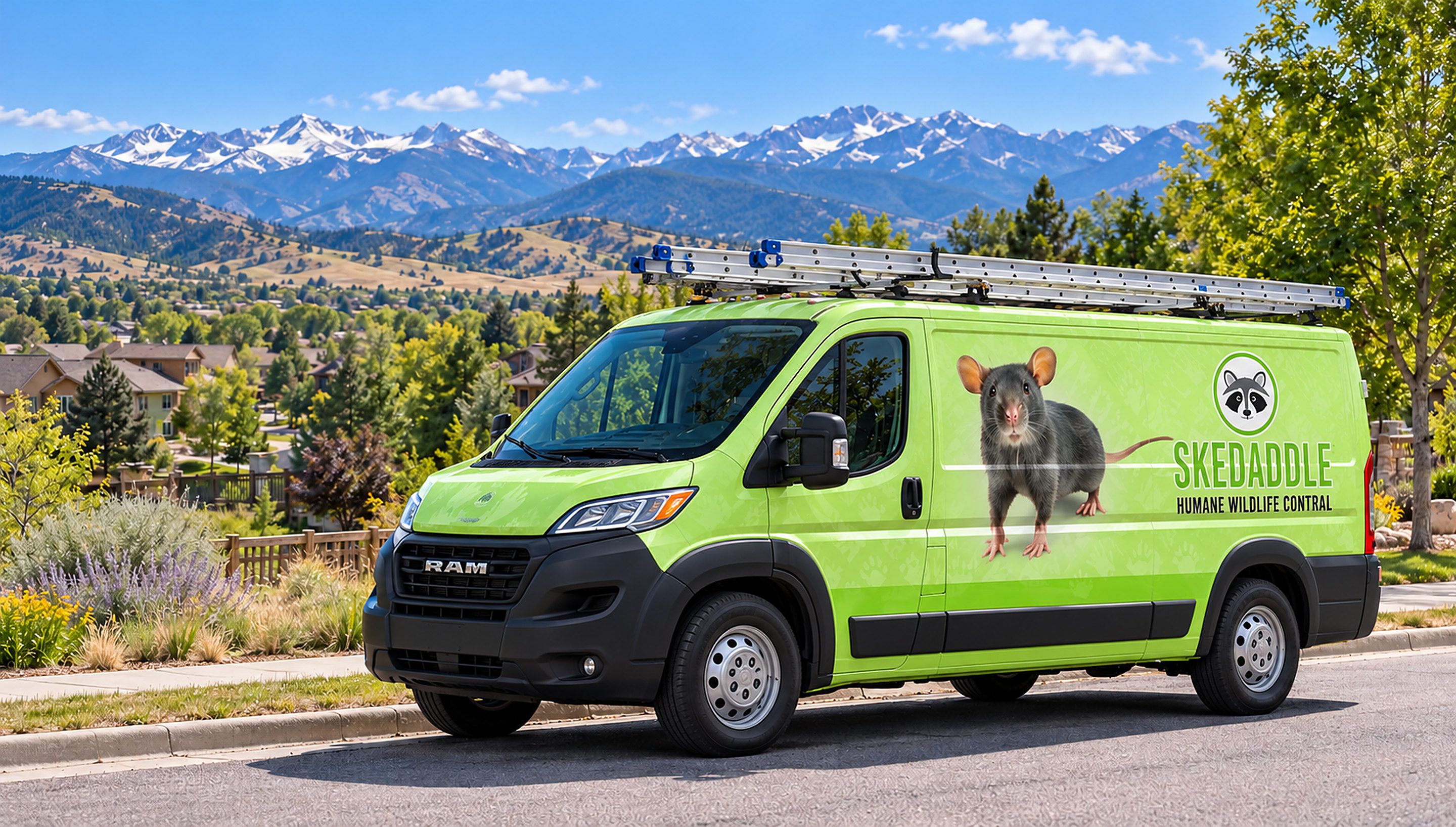 Skedaddle Humane Wildlife Control van parked on a residential street with mountains in the distance