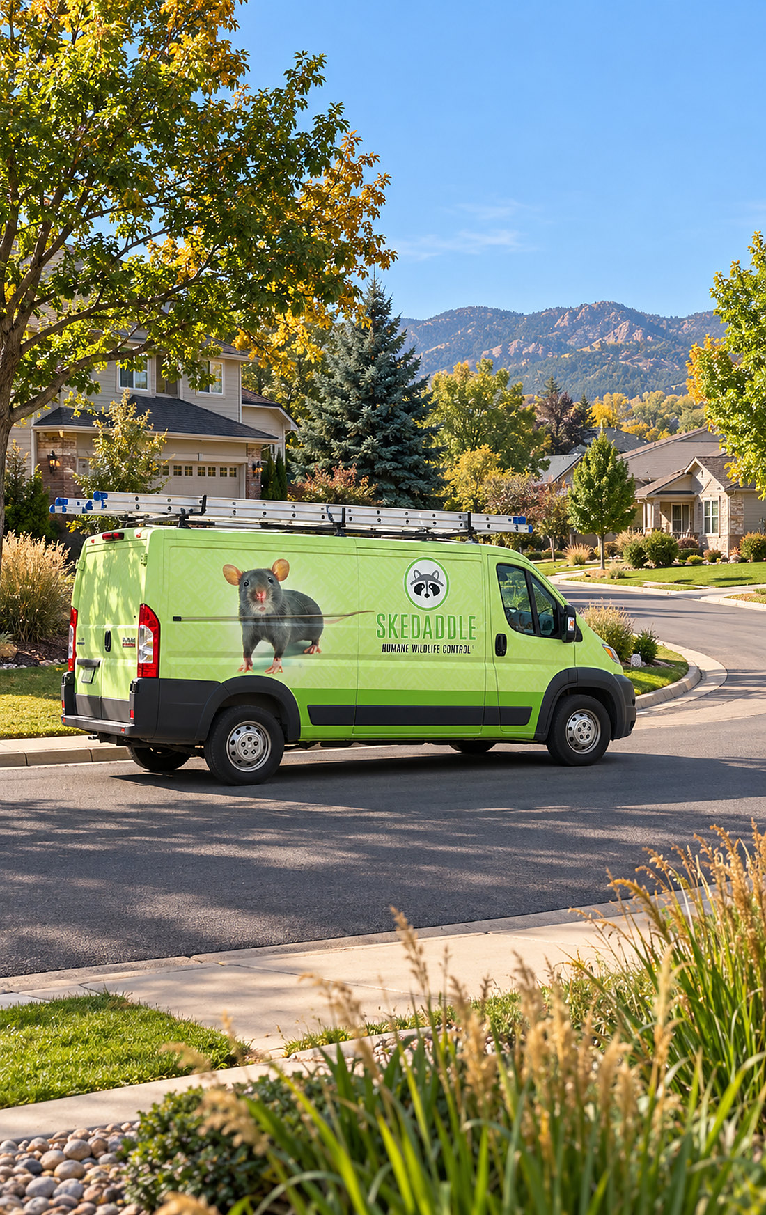 Skedaddle Humane Wildlife Control van parked on a tree-lined residential street with mountains in the distance