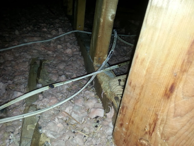 Chewed attic wiring as a result of squirrel infestation