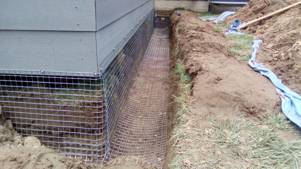 Installing a wire mesh barrier to prevent skunks from getting below a deck