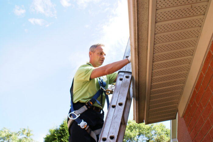 A wildlife removal technician wearing a fall protection safety harness on a tall ladder checking a brick house's gutter and soffit system.