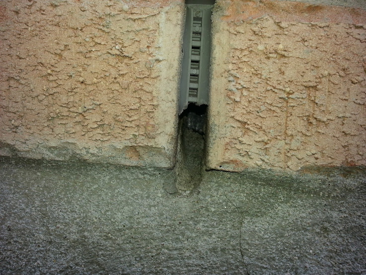 A chewed weep vent cover where mice enter brick walls