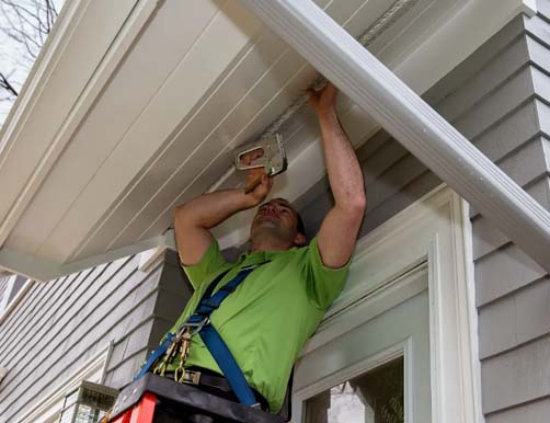 A Skedaddle wildlife control technician wearing a safety harness and green shirt uses a tool to seal and secure a home’s roof soffit entry point.
