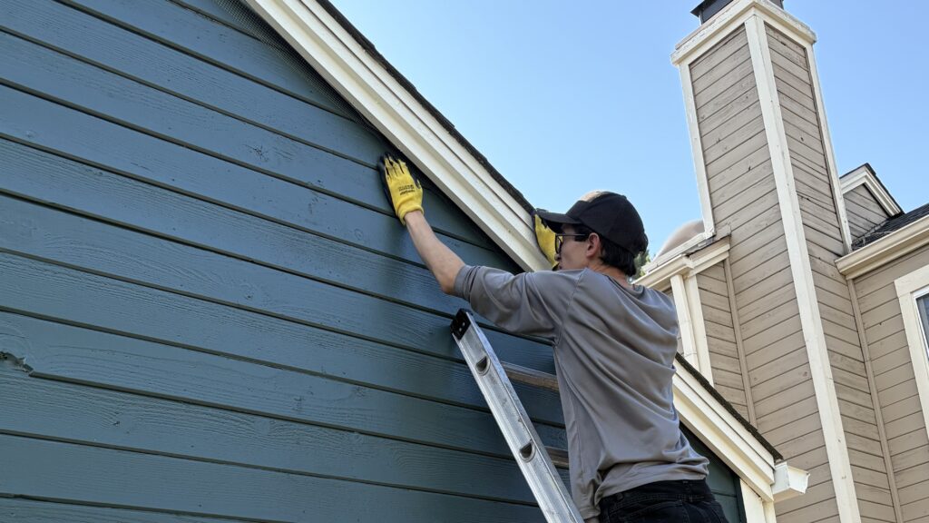 Denver Technician working ladder sealing Skedaddle Humane Wildlife Control Denver Technician working ladder sealing Skedaddle Humane Wildlife Control