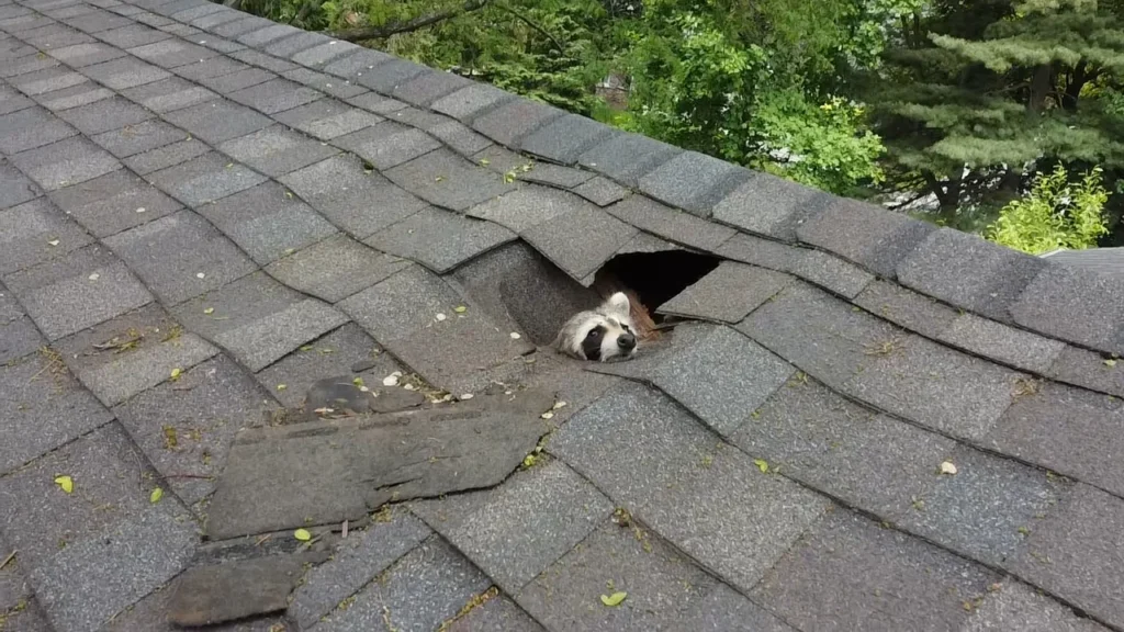 Raccoon in Roof Hole Peeking Out
