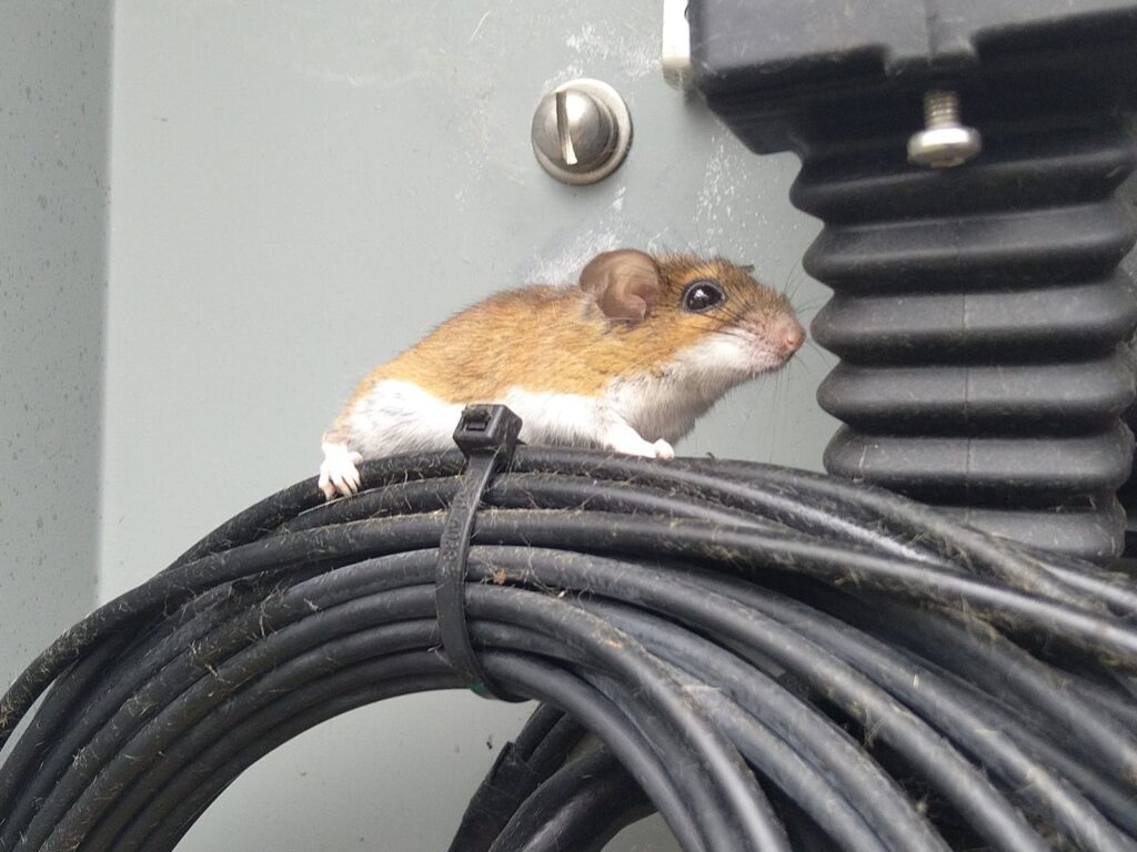 Mouse sits on wires