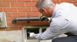 A Skedaddle technician wearing gloves and using a flashlight and mirror to inspect a basement window and utility pipe on a brick house.