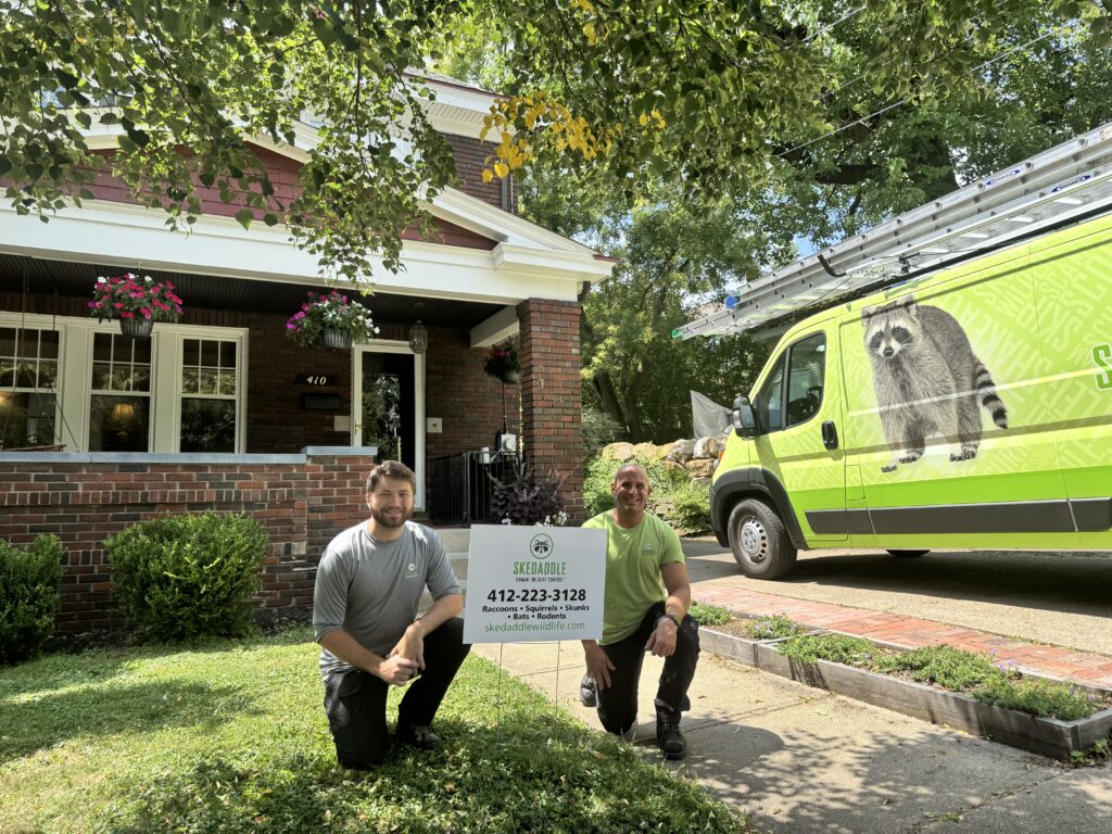 Two technicians kneeling in front of a residential home next to a Skedaddle yard sign and service van.