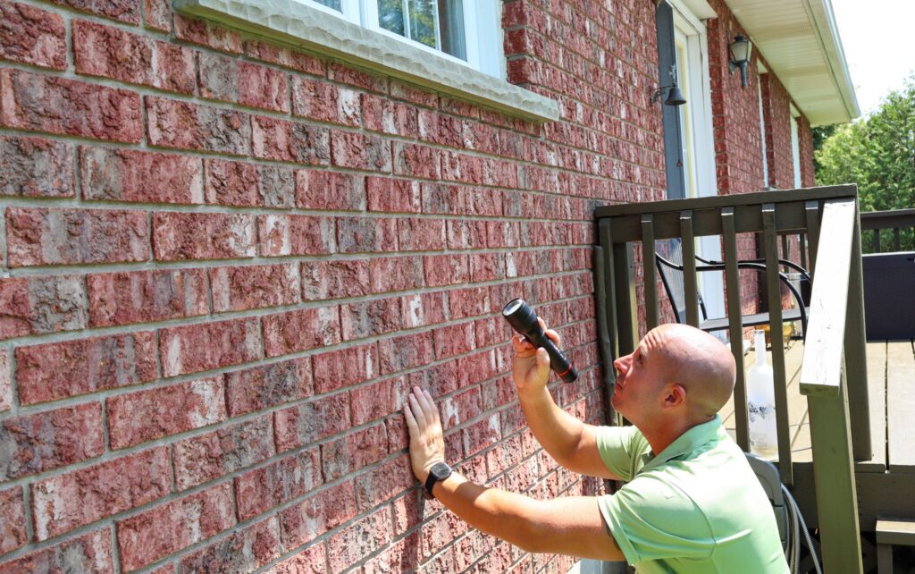 A Skedaddle technician in a green polo shirt using a flashlight to inspect a red brick exterior wall near a wooden deck.