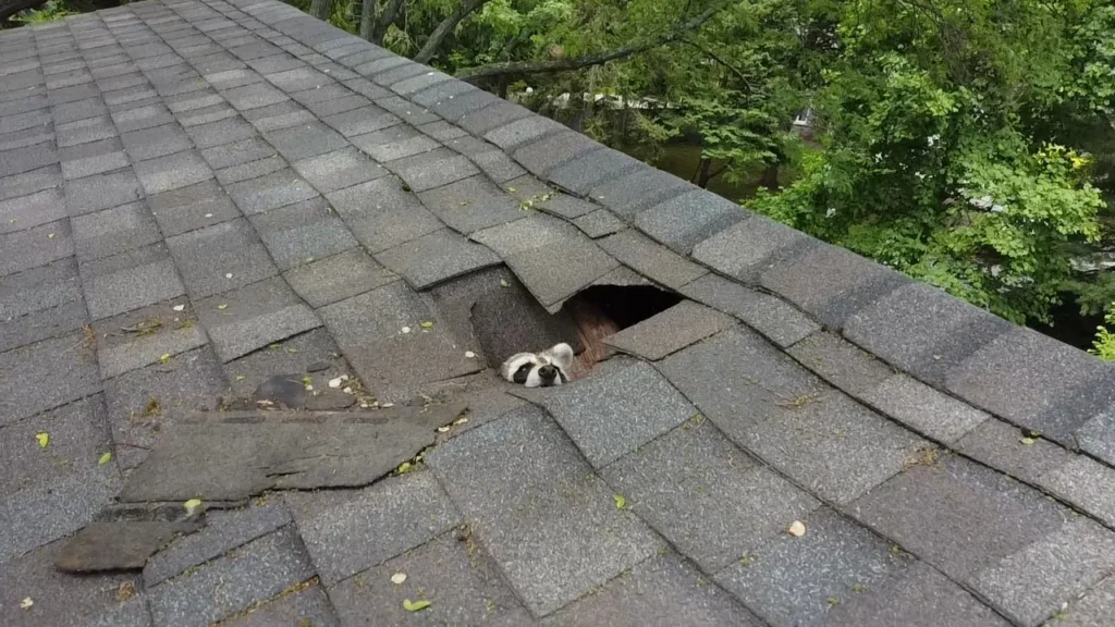 A raccoon's face peeking out from a large hole torn through grey asphalt roof shingles and wooden decking.