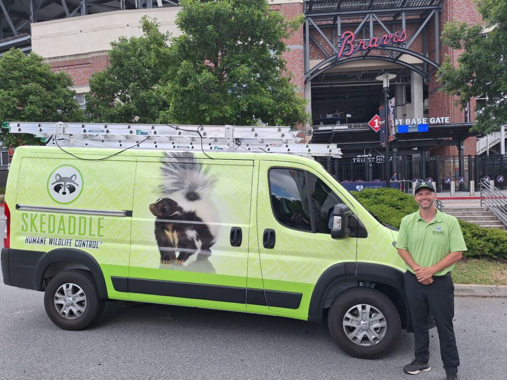 A Skedaddle technician standing next to a branded lime green service van featuring a skunk graphic in front of Truist Park’s First Base Gate.