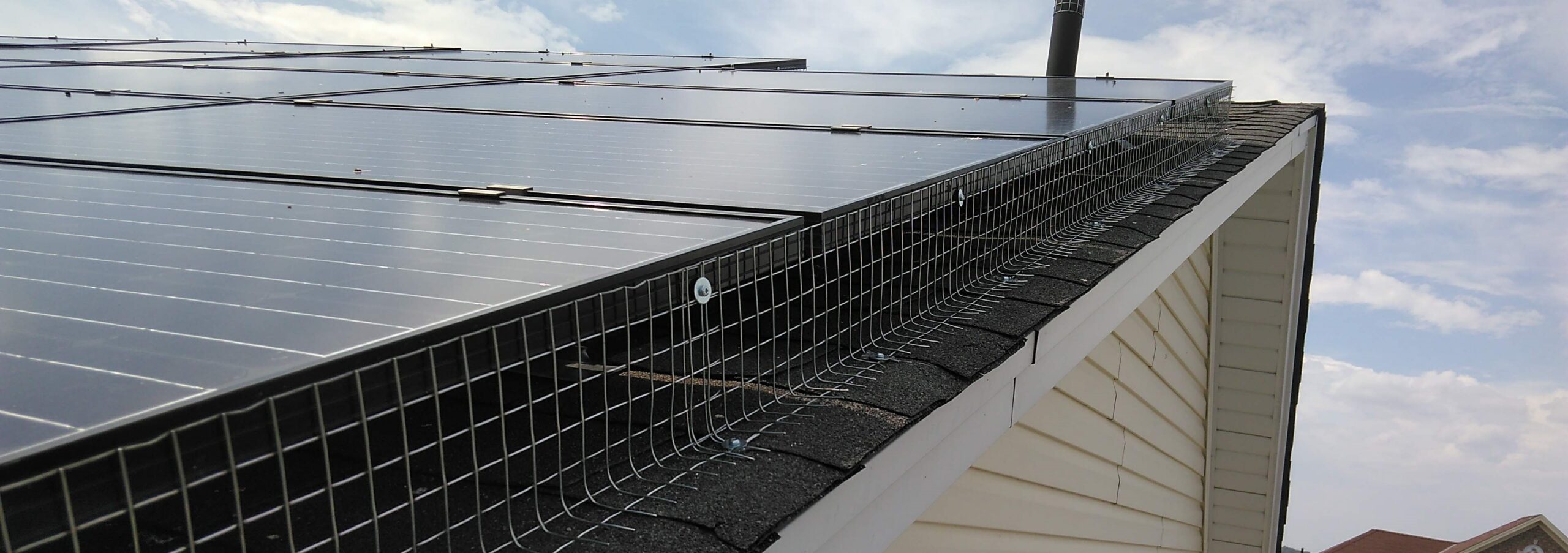 A protective galvanized steel mesh screen installed along the edge of solar panels on a shingled roof to prevent birds from nesting underneath.