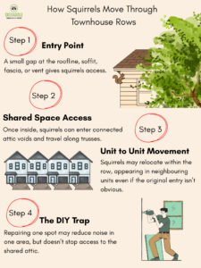 How Squirrels Navigate Townhouse Attic Rows An infographic by Skedaddle Humane Wildlife Control showing the 4-step process of how squirrels enter and move through shared townhouse attics.