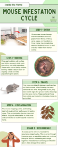 An infographic titled "Mouse Infestation Cycle" detailing five steps: Entry, Nesting, Travel, Contamination, and Recurrence.