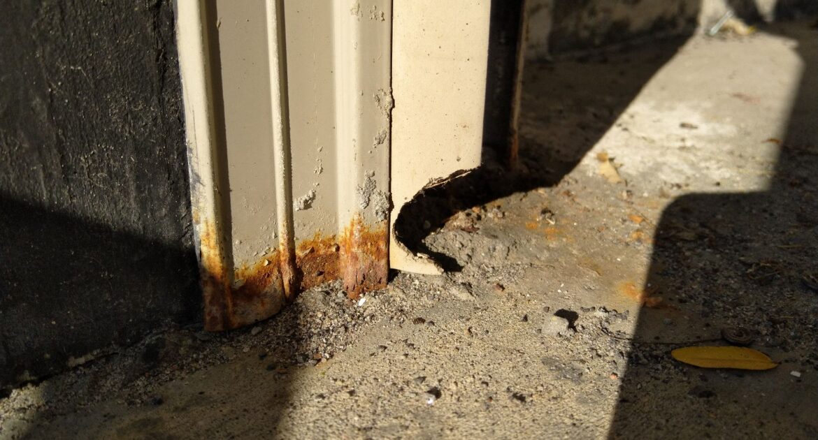 A close-up of a rusted beige metal door frame showing a small, chewed-out hole at the base where it meets the concrete floor, indicating a wildlife entry point.