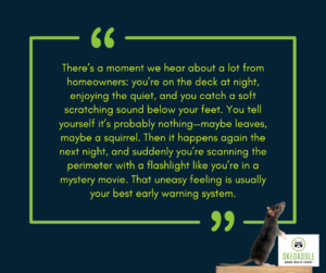 An informational graphic for Skedaddle Humane Wildlife Control featuring a quote about hearing scratching sounds under a deck at night, with a small rat illustration in the corner.