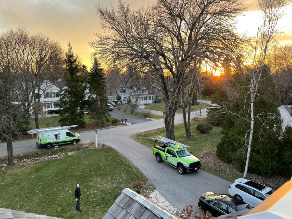 Two green Skedaddle Humane Wildlife Control service vehicles parked on a residential street during a sunset inspection.