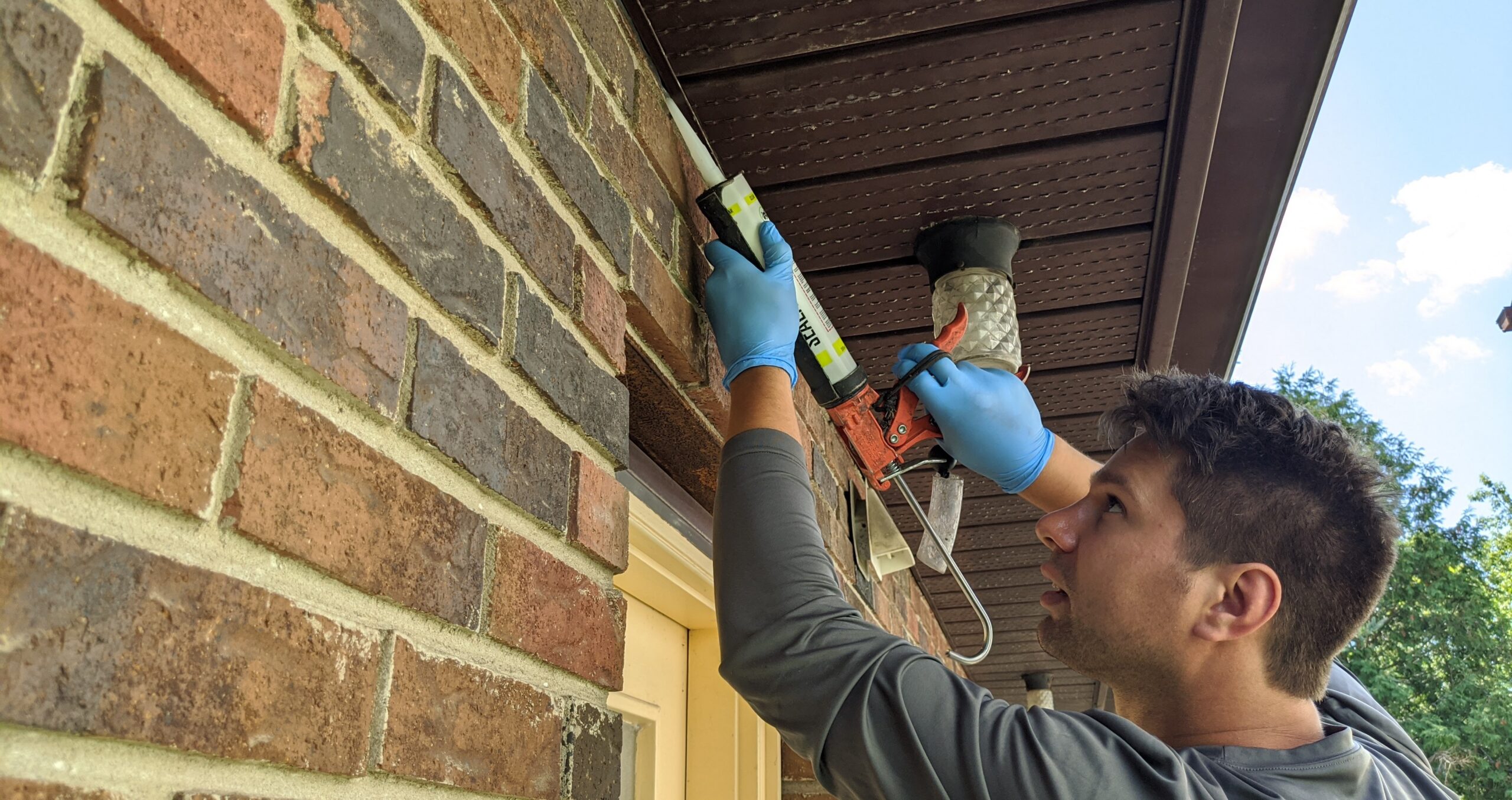 Technician sealing possible bat entry point