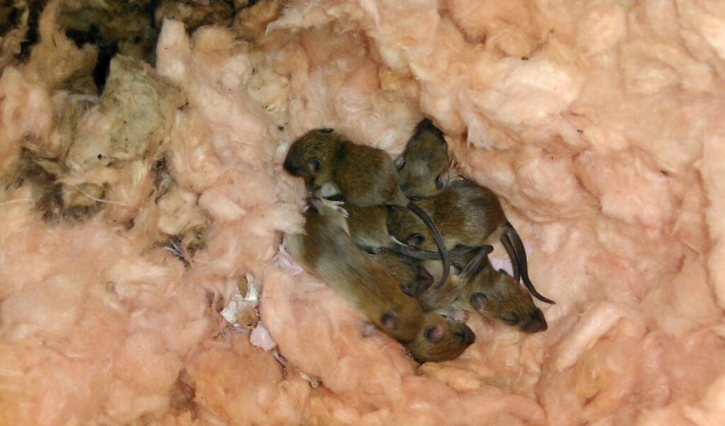 A close-up of a damaged white aluminum soffit on a house where a large hole has been torn open, revealing the dark attic space behind it.