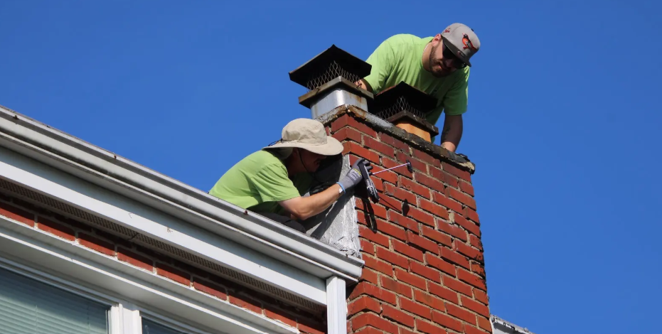 Two Skedaddle wildlife technicians working on a brick chimney against a clear blue sky to install humane wildlife screening and caps.