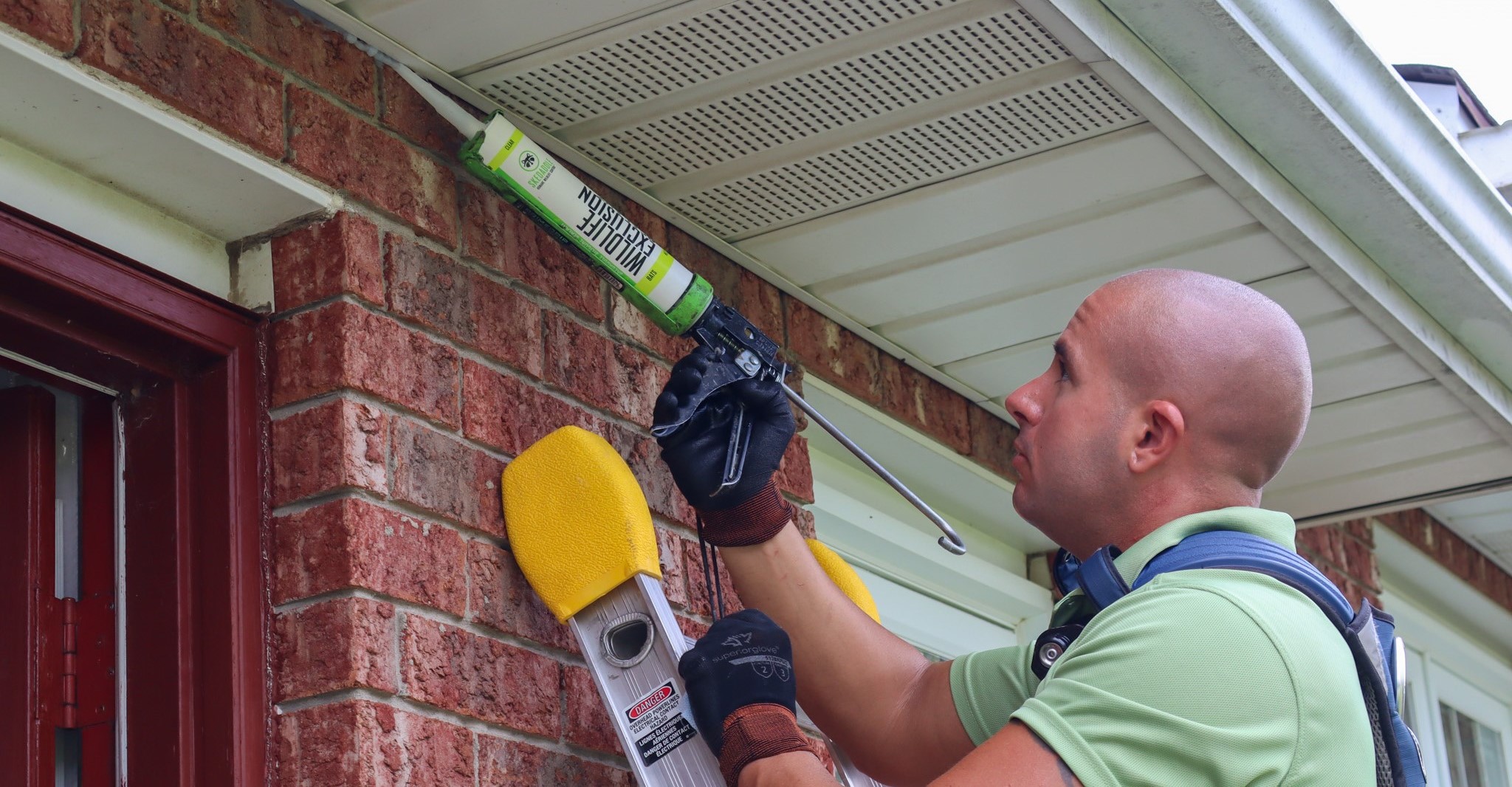 Wildlife Control Technician Installing Roof Protection A wildlife control professional on a ladder installing protective screening on the eaves of a brick house.