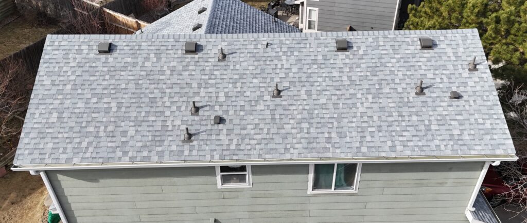 An overhead view of a grey shingled residential roof showing various attic vents and pipes that serve as common entry points for pests and wildlife.