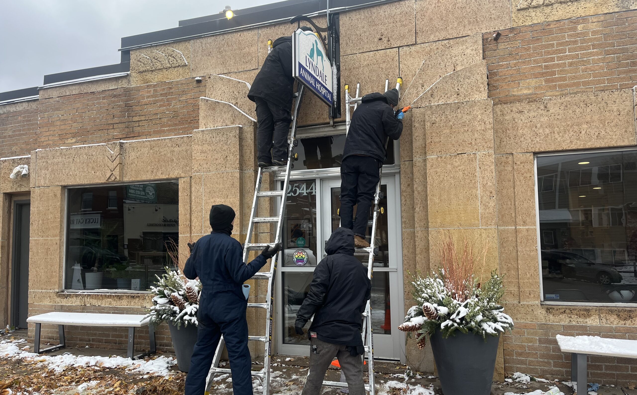Four technicians in winter gear working on ladders to install bird spikes and wildlife exclusion materials above the entrance sign of Lyndale Animal Hospital during winter.