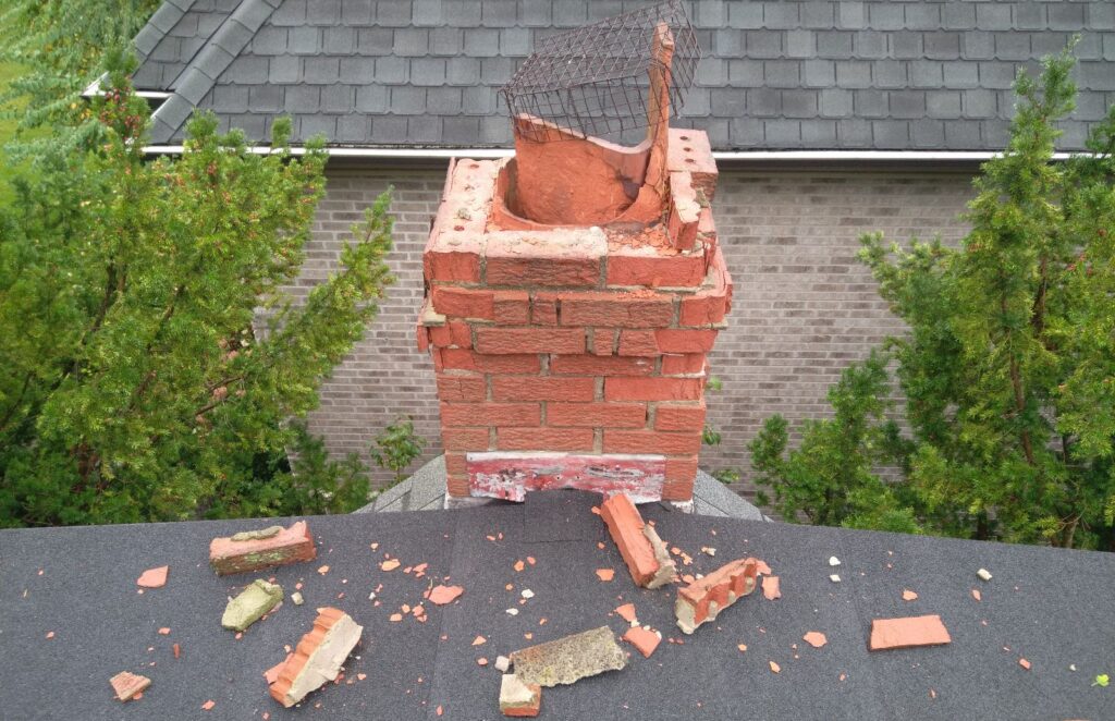A crumbling red brick chimney on a roof with a broken mesh cover and several broken bricks scattered on the shingles nearby.