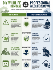 An informative comparison chart detailing the risks of DIY wildlife removal versus the benefits of professional services across safety, effectiveness, animal welfare, and long-term results.
