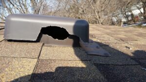 A close-up shot of a brown plastic roof vent on a shingled residential roof with a large hole chewed through the side by wildlife.