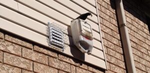 A European Starling bird perched on a plastic container attached to a wall vent, next to another vent that has been professionally secured with a wire mesh bird cage.