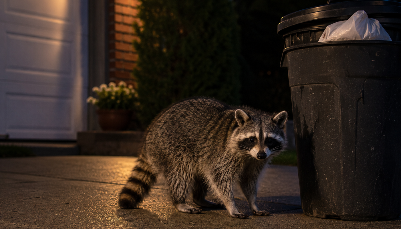 A large raccoon looking toward the camera next to a black outdoor garbage can on a residential concrete driveway at night.