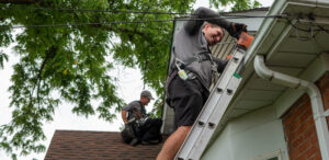 Skedaddle Humane Wildlife Control technicians wearing safety harnesses inspecting a home roof and gutter system for wildlife entry points