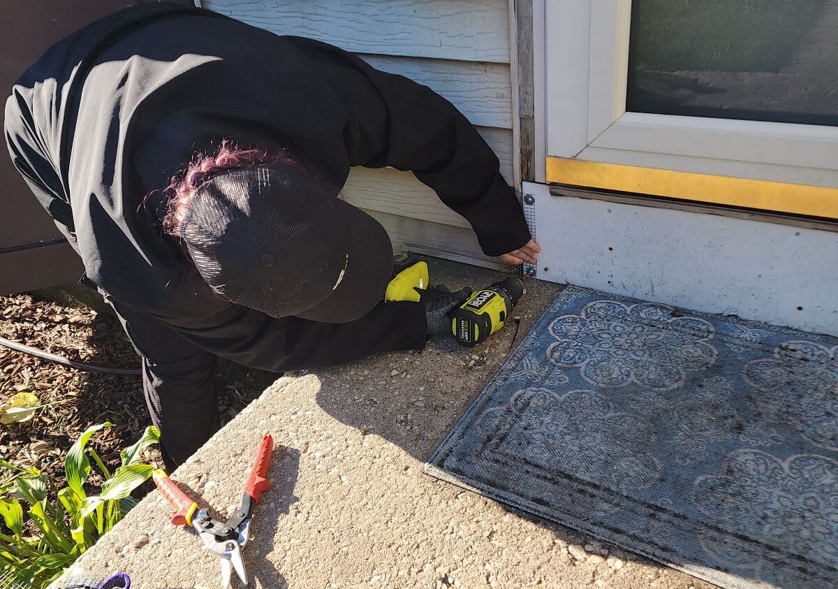 A Skedaddle Humane Wildlife Control technician using a drill to secure heavy-duty exclusion mesh to the base of a residential front door frame to prevent rodent entry.