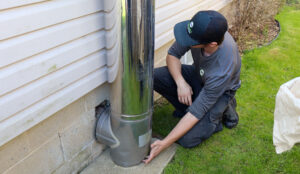 A Skedaddle wildlife technician crouching on a lawn to inspect the base of a large metal chimney exhaust pipe connected to a house foundation for potential animal entry holes.