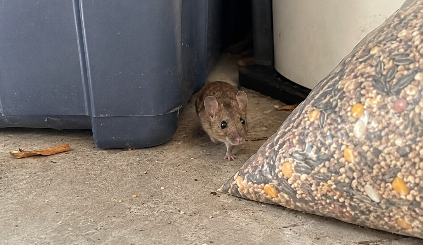 A small field mouse on a concrete garage floor standing next to a large plastic bag filled with bird seed and a blue storage bin.