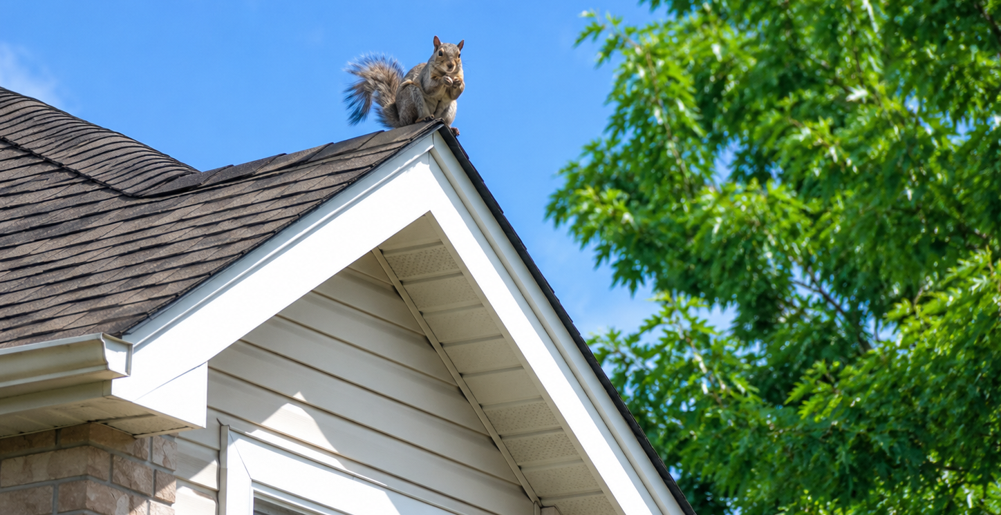 An eastern grey squirrel sitting on a shingled roof next to a red brick chimney and metal cap