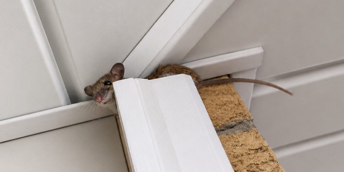 A small brown mouse peeking out from an entry gap behind white exterior house trim