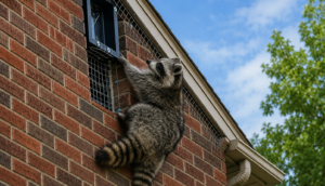 A large adult raccoon climbing a brick wall to reach a roof vent protected by wire mesh and a one-way wildlife door