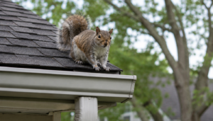 A grey squirrel perched on the edge of a shingled roof looking down directly at an aluminum gutter and downspout