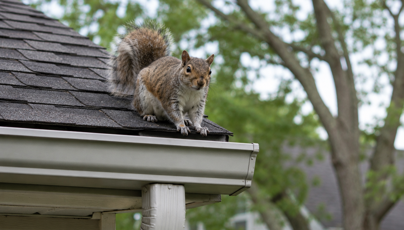 A grey squirrel perched on the edge of a shingled roof looking down directly at an aluminum gutter and downspout
