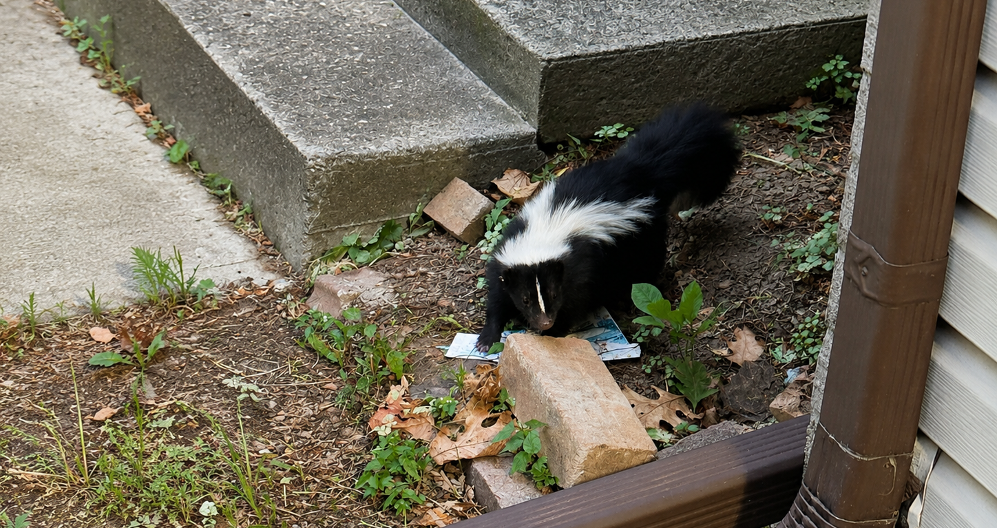 A striped skunk foraging in a dirt garden bed next to concrete steps and a house downspout