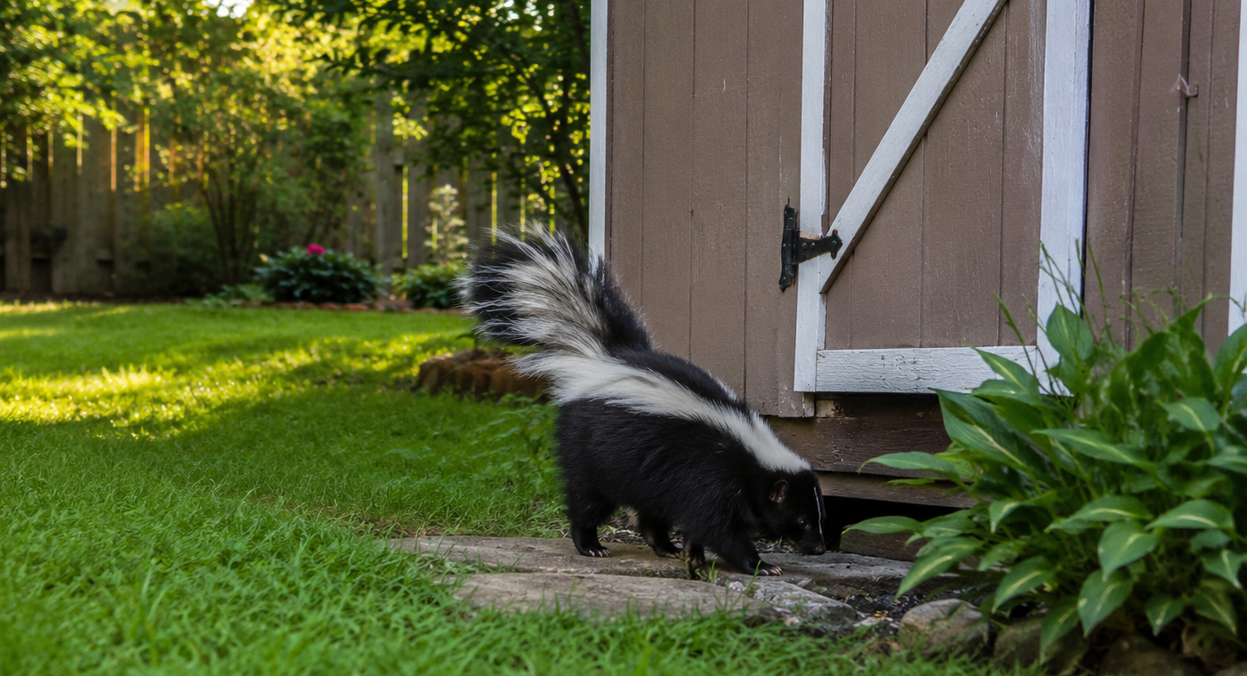 A striped skunk investigating the ground gap beneath a brown wooden garden shed in a backyard