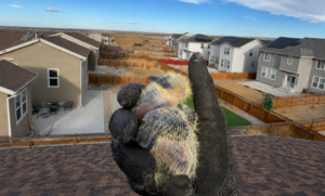 A gloved hand holding two tiny baby bird nestlings on a residential roof overlooking a suburban neighborhood