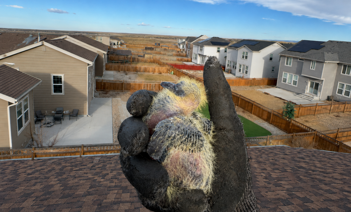 A gloved hand holding two tiny baby bird nestlings on a residential roof overlooking a suburban neighborhood
