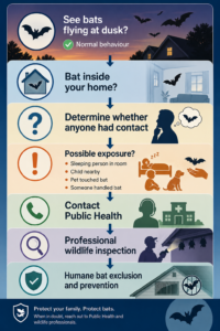 A step-by-step flowchart infographic outlining action steps when finding a bat inside a home