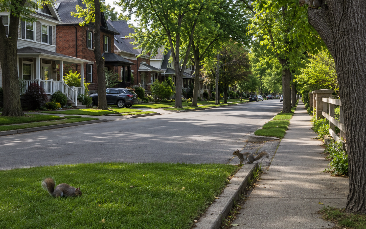 Multiple grey squirrels on the grass, curb, and in a tree along a quiet tree-lined suburban street with brick houses