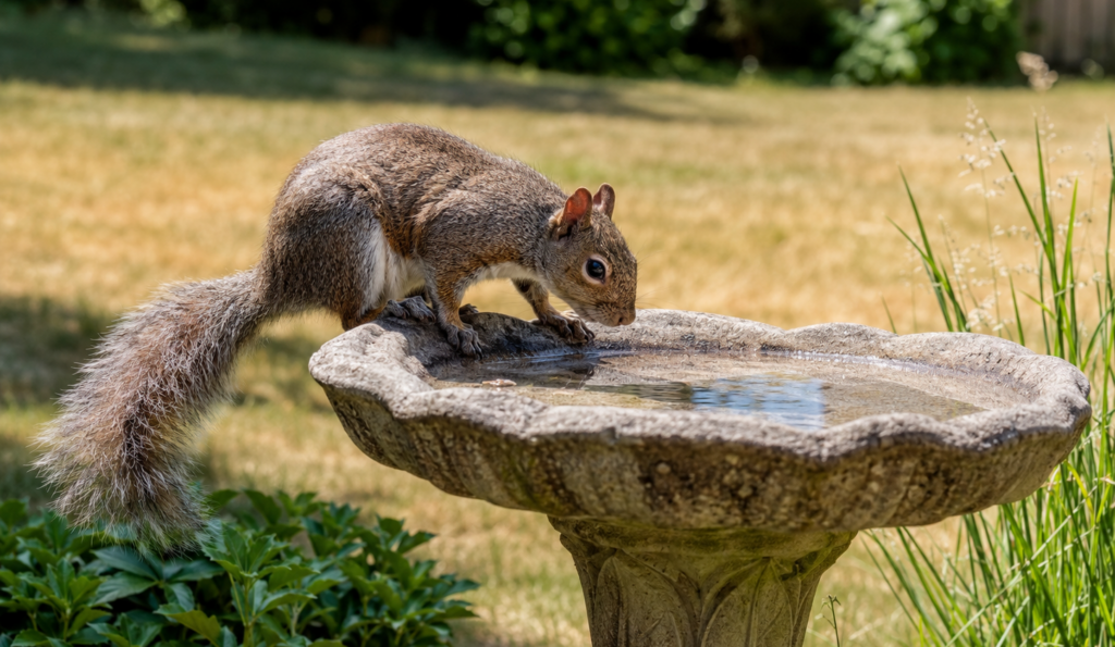 Grey Squirrel Drinking Water from Stone Birdbath An eastern grey squirrel leaning over the rim of a stone birdbath to drink water in a sunny backyard
