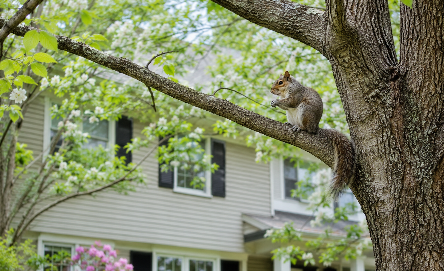 A grey squirrel sitting upright on a thick tree branch in front of a two-story suburban house.