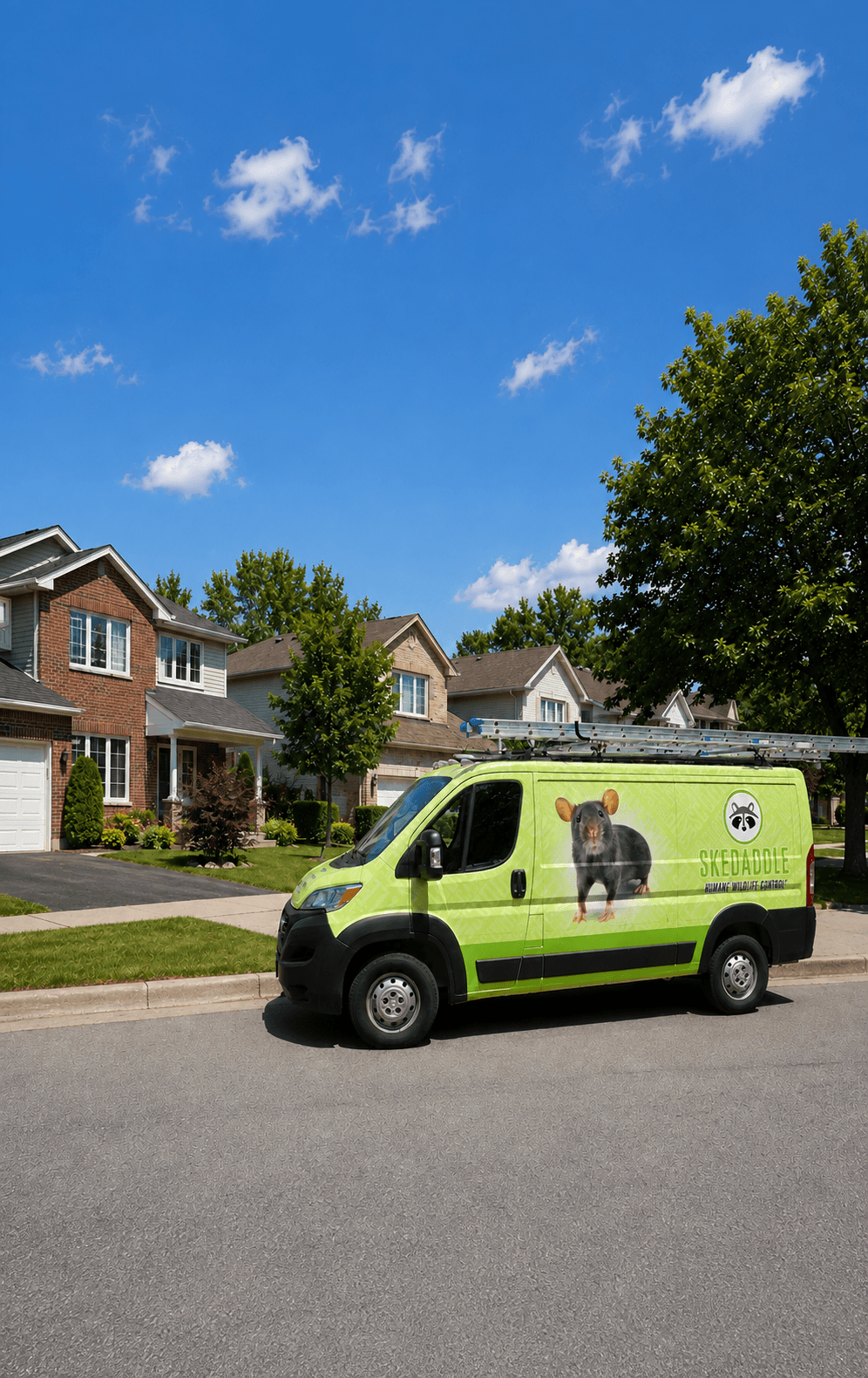 Skedaddle Ottawa wildlife-removal truck parked on a Nepean residential street